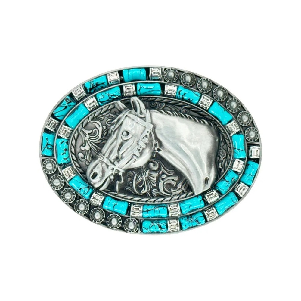 Western Horse Head Belt Buckle Silver Turquoise Faux Stone Oval Southwestern NWT
